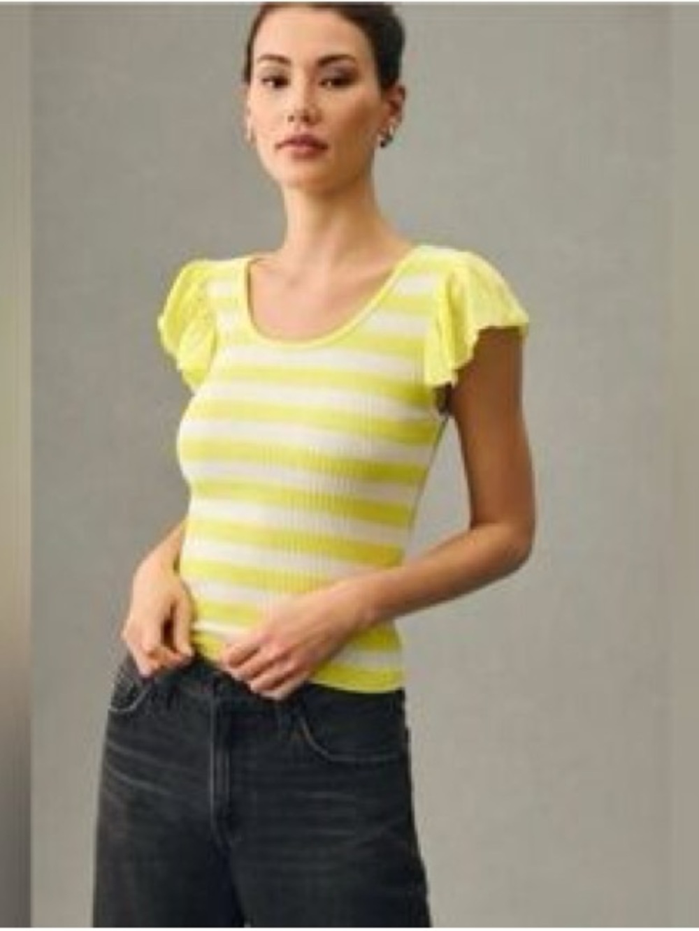 T.La Yellow and White Striped Flutter Sleeve Tank Top